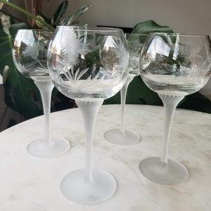 4 Vintage Etched Glass Balloon Bowl Wine Glasses | Pineapple Motif, Frosted Stem